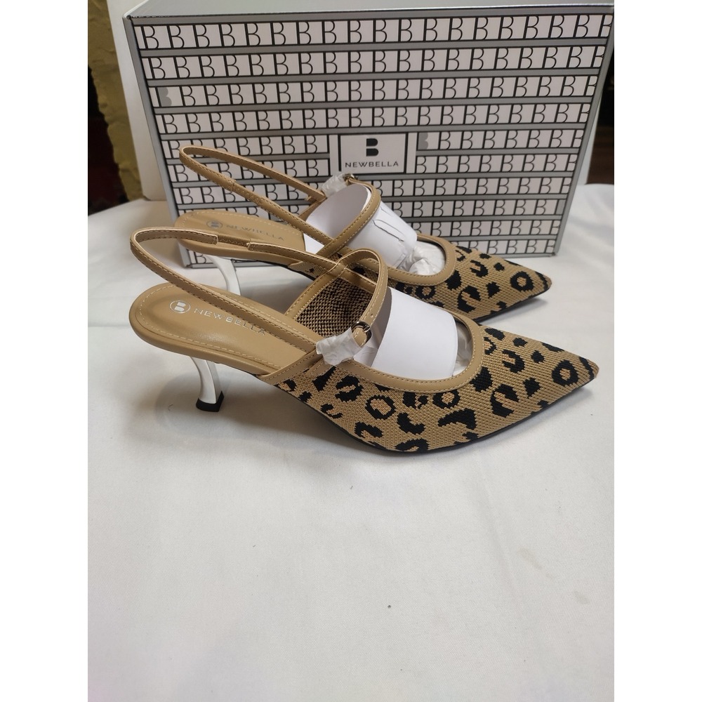 Newbella Leopard Print Knit Pointed Toe Slingback Kitten Heels Metallic Silver 8